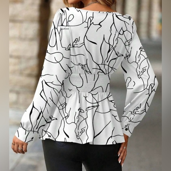 Classic Polka Dots Print Pleated Long Sleeve Top Blouse Shirt White Black - Picture 4 of 5